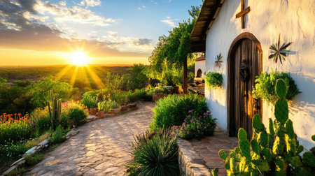 A captivating scene featuring a rustic cottage surrounded by a vibrant garden, illuminated by a serene sunrise. Ideal for nature and travel themes.の素材
