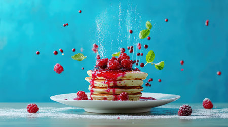A vibrant image showcasing a tall stack of pancakes adorned with fresh raspberries and mint leaves, drizzled with syrup, perfect for breakfast or brunch.の素材
