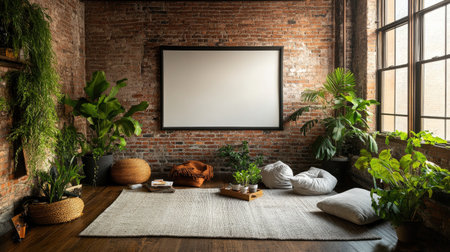 This image features a cozy indoor space with brick walls, lush plants, and comfortable seating, creating a peaceful and inviting atmosphere perfect for relaxation.の素材