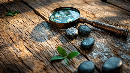 A vintage magnifying glass rests next to smooth stones on a beautiful weathered wooden surface, surrounded by delicate green leaves. The interplay of light and shadow creates a harmonious atmosphere perfect for exploration and tranquility.の素材