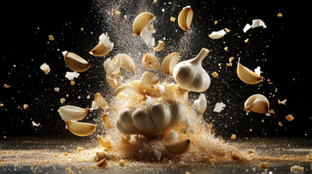 A dynamic scene showcasing an explosive burst of garlic cloves surrounded by flying spices and ingredients, highlighting the essence of culinary art.の素材