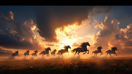 A breathtaking scene of wild horses galloping through a golden landscape at sunrise, with dramatic clouds creating a serene and energetic atmosphere.の素材