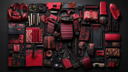 An artistic display featuring an array of red and black objects showcasing intricate patterns and textures, perfect for creative projects and design inspiration.の素材