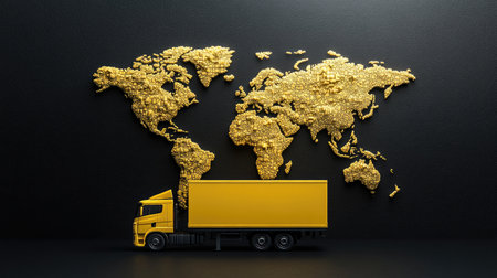 This striking image showcases a yellow truck against a unique gold world map design, representing logistics, transportation, and global trade concepts.の素材