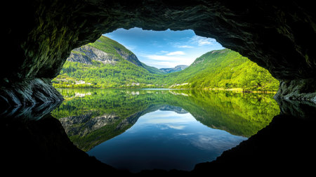 A breathtaking view captured from the entrance of a cave, showcasing a serene lake reflecting lush green mountains beneath a bright sky.の素材