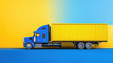 This vibrant image features a blue truck with a yellow container prominently displayed against a bright multicolored background, ideal for transport themes.の素材