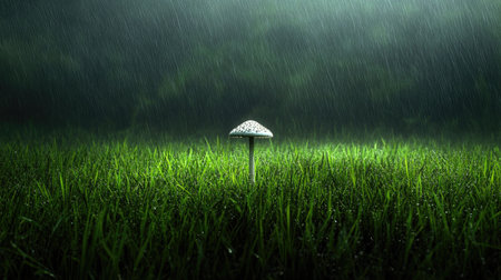 A solitary mushroom stands tall amidst lush green grass, gently illuminated by rain, creating a serene, mystical atmosphere that captures nature's beauty.の素材