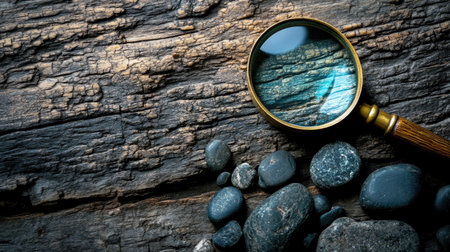 A detailed view features a magnifying glass resting on a textured wooden surface surrounded by smooth pebbles, evoking themes of exploration and nature's beauty.の素材