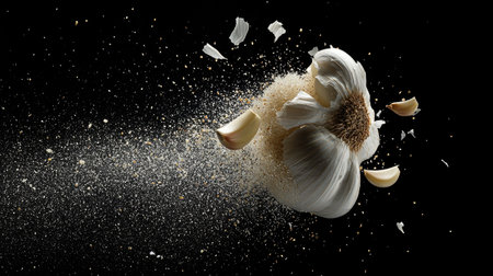 A stunning and dynamic image of a garlic bulb exploding with cloves and spice flakes against a sleek black background, showcasing its vibrant textures and flavors.の素材