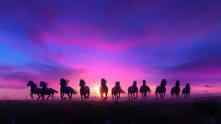 A stunning silhouette of horses running freely against a breathtaking sunset, showcasing vibrant purple and orange hues in the sky.の素材