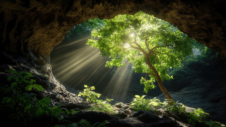 A breathtaking view of a tree bathed in radiant sunlight inside a cave, showcasing lush greenery and dramatic rock formations that evoke peace and tranquility.の素材