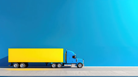 A striking image of a bright yellow shipping truck parked against a vibrant blue background. This composition highlights the modern design of transport vehicles in a clean, minimalistic setting. Perfect for logistics and transportation themes.の素材