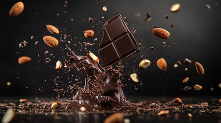 An artistic display of dark chocolate splashing against a backdrop, accompanied by scattered almonds, creating a striking and indulgent food scene.の素材