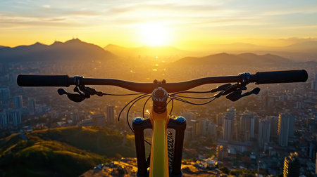 Experience the breathtaking view from the handlebars of a mountain bike at sunrise. The scene features a vibrant cityscape and distant mountains, capturing a perfect moment of adventure and exploration in nature.の素材