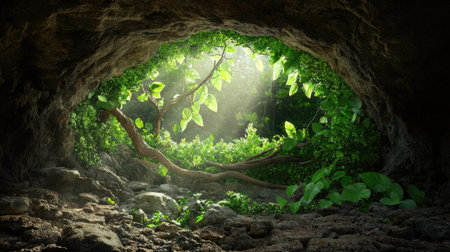 Discover a captivating cave entrance bathed in soft sunlight, surrounded by vibrant greenery and lush foliage, inviting exploration into nature's beauty.の素材