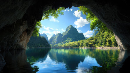 Discover a breathtaking view from a cave entrance, showcasing majestic mountains and serene water reflections surrounded by lush greenery.の素材