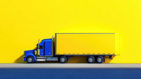 A vibrant blue truck with a yellow trailer parked against a bold yellow wall. This visually striking composition captures the essence of modern transportation.の素材