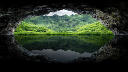 A captivating view from a cave opening showcases lush green hills mirrored in tranquil water. The stunning landscape invites exploration and reflection.の素材
