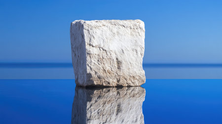 A white stone sculpture stands on a reflective surface, creating an artistic view against a backdrop of a tranquil ocean and bright blue sky.の素材