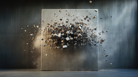 A striking image showcasing the dynamic energy of a concrete block explosion, with debris scattering in a low-light urban scene, evoking power and chaos.の素材