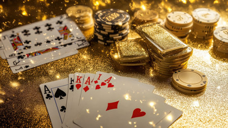 A captivating image showcasing a vibrant casino scene featuring glittering poker chips and playing cards, perfect for themes of luck and gaming.の素材