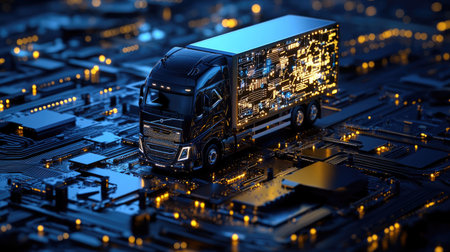 A striking image of a futuristic truck set against a digital circuit board landscape, featuring glowing lights and technology elements that evoke innovation and modernization.の素材