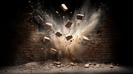 A powerful explosion of bricks erupts against a brick wall, sending dust and debris into the air, creating a striking and dramatic visual effect.の素材