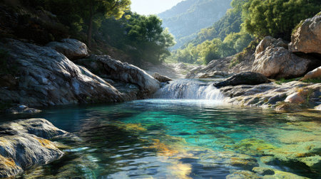 A stunning view of a mountain stream surrounded by clear water, vibrant greenery, and smooth rocks under bright sunlight, creating a tranquil nature scene.の素材