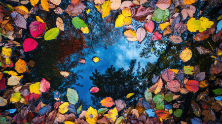 A captivating view featuring vibrant autumn leaves scattered around a tranquil water surface, reflecting the surrounding trees and blue sky.の素材