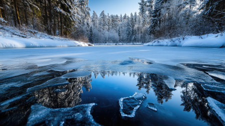 A breathtaking winter scene showcasing a frozen lake surrounded by snow-covered trees, with clear reflections in the ice capturing nature's beauty.の素材