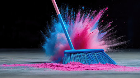 A blue broom sweeps vibrant pink and blue powder, creating an artistic explosion in a studio. The dynamic motion adds energy and creativity to the scene.の素材