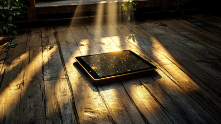 A captivating image featuring a tablet resting on a rustic wooden floor, lit by gentle beams of sunlight, exuding a serene, cozy atmosphere infused with cosmic inspiration.の素材