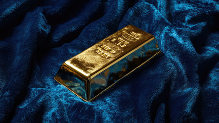 A stunning gold bar rests elegantly on plush blue velvet, capturing the essence of luxury and wealth. Ideal for financial themes and opulent designs.の素材