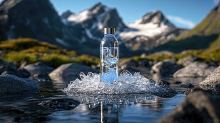A stunning scene featuring a clear glass bottle filled with water, elegantly placed on ice amidst a breathtaking mountain landscape, highlighting nature's beauty.の素材