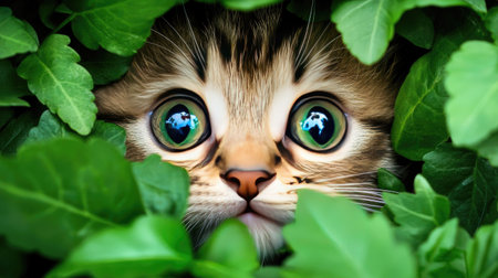 A captivating close-up of a curious cat peeking through lush green leaves, featuring large reflective eyes that demonstrate wonder and playfulness in nature.の素材