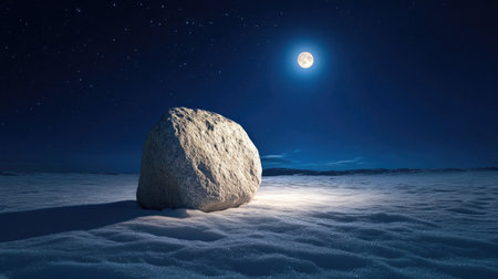 This serene night landscape showcases a large rock illuminated by moonlight in a snowy expanse under a clear sky, evoking tranquility and beauty.の素材