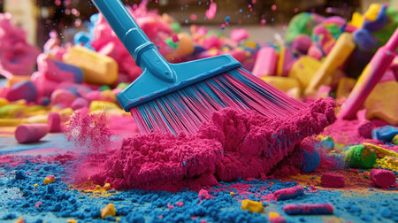 A captivating cleaning scene featuring a colorful brush sweeping vibrant powder in dynamic motion, showcasing abstract textures and playful artistic expression.の素材