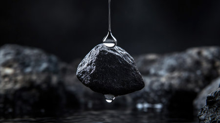 A stunning close-up of a dark rock with a single water droplet hovering above it, highlighting the texture and beauty of nature in an abstract background.の素材