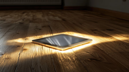 A captivating image of a tablet resting on a wooden floor, illuminated by soft light. This minimalist shot conveys a sense of modern design and technology.の素材