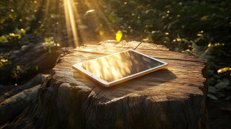 A modern tablet lies on a tree stump, bathed in warm sunlight, creating a tranquil outdoor atmosphere perfect for technology and nature lovers.の素材