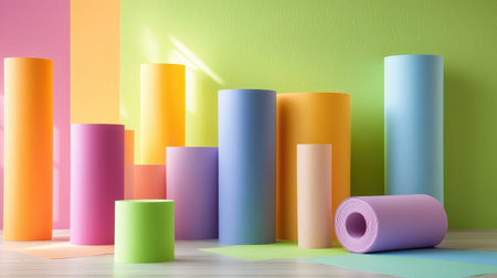 A vibrant display of colorful paper rolls and sheets set against a bright background, perfect for inspiring creativity and showcasing art projects.の素材