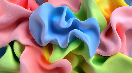 This vibrant image showcases a fluid arrangement of soft fabric waves in a spectrum of bright colors, perfect for creative projects and artistic designs.の素材
