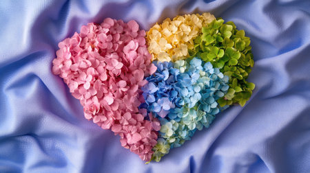 A vibrant heart shape crafted from hydrangea petals in shades of pink, blue, yellow, and green, set against a soft blue fabric background, perfect for romantic themes.の素材