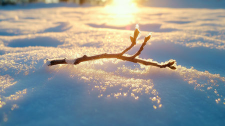 A delicate branch rests on a blanket of snow, sparkling with frost under the gentle morning sunlight, creating a serene winter scene.の素材