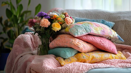 A charming living room scene featuring a stack of colorful cushions alongside a bouquet of fresh flowers, creating a warm and inviting atmosphere.の素材
