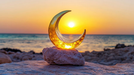 A beautiful sunset scene featuring a crescent moon sculpture perched on a rock, creating a peaceful atmosphere by the ocean, perfect for relaxation.の素材