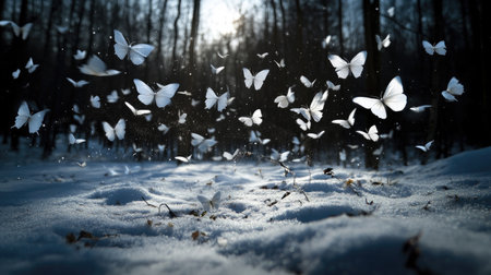 This captivating image features delicate white butterflies soaring gracefully over a snow-covered forest floor, illuminated by soft winter light.の素材