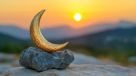 A stunning golden crescent moon rests on a rough stone, set against a vibrant sunset backdrop, capturing the essence of nature's beauty and tranquility.の素材