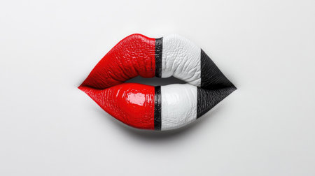 This stunning lip art features bold red, white, and black colors on a pristine background, showcasing creativity and artistry in beauty and makeup.の素材