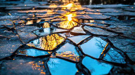A stunning winter sunset reflects vibrant blue skies and warm golden light across cracked ice pieces, showcasing nature's beauty and serene textures.の素材